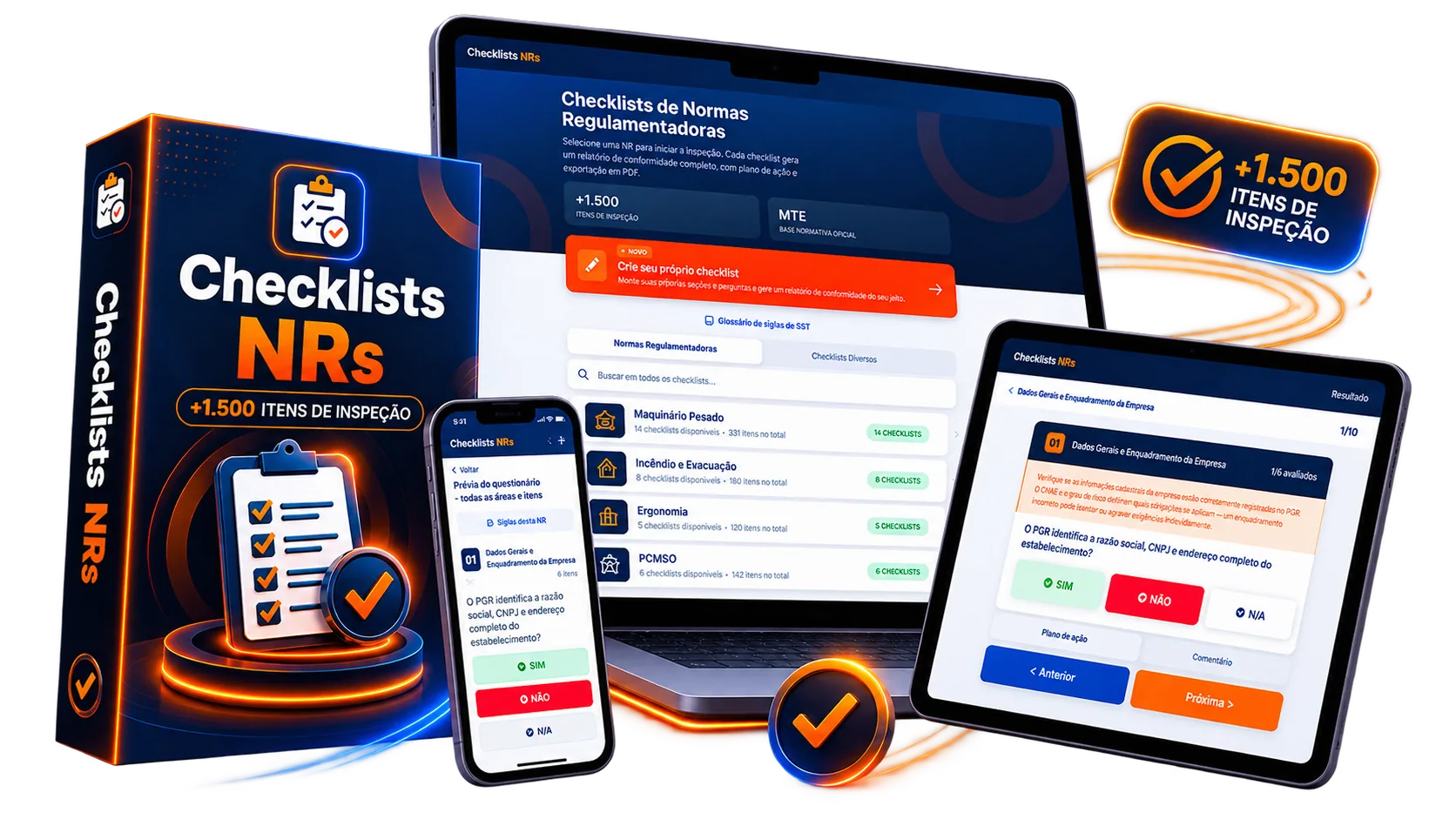 CheckNR no computador, tablet e celular — aplicativo de checklists das Normas Regulamentadoras